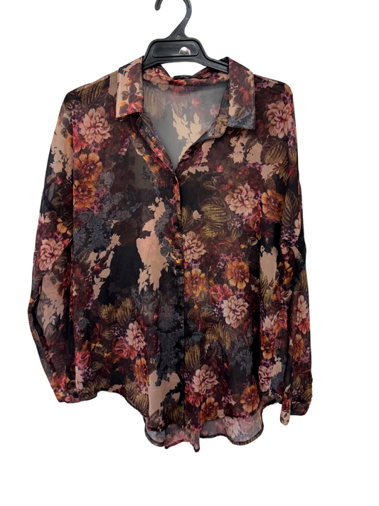 Black & Red Sheer Floral Print Long Sleeve Button Up Shirt