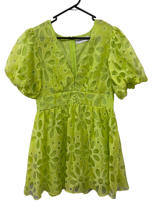 Light Green Floral Cutout Short Puffy Sleeve Dress