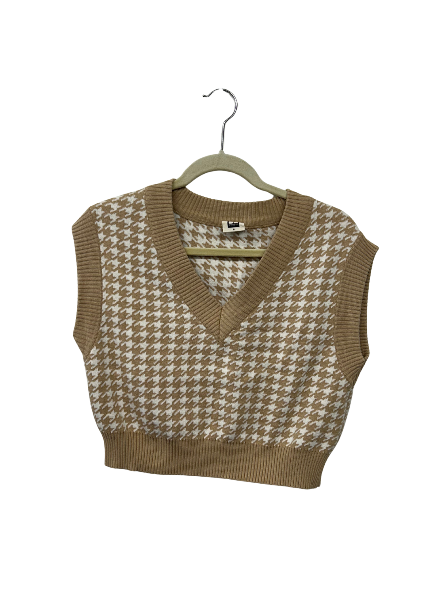 Biege & White Houndstooth Cropped Sweater Vest