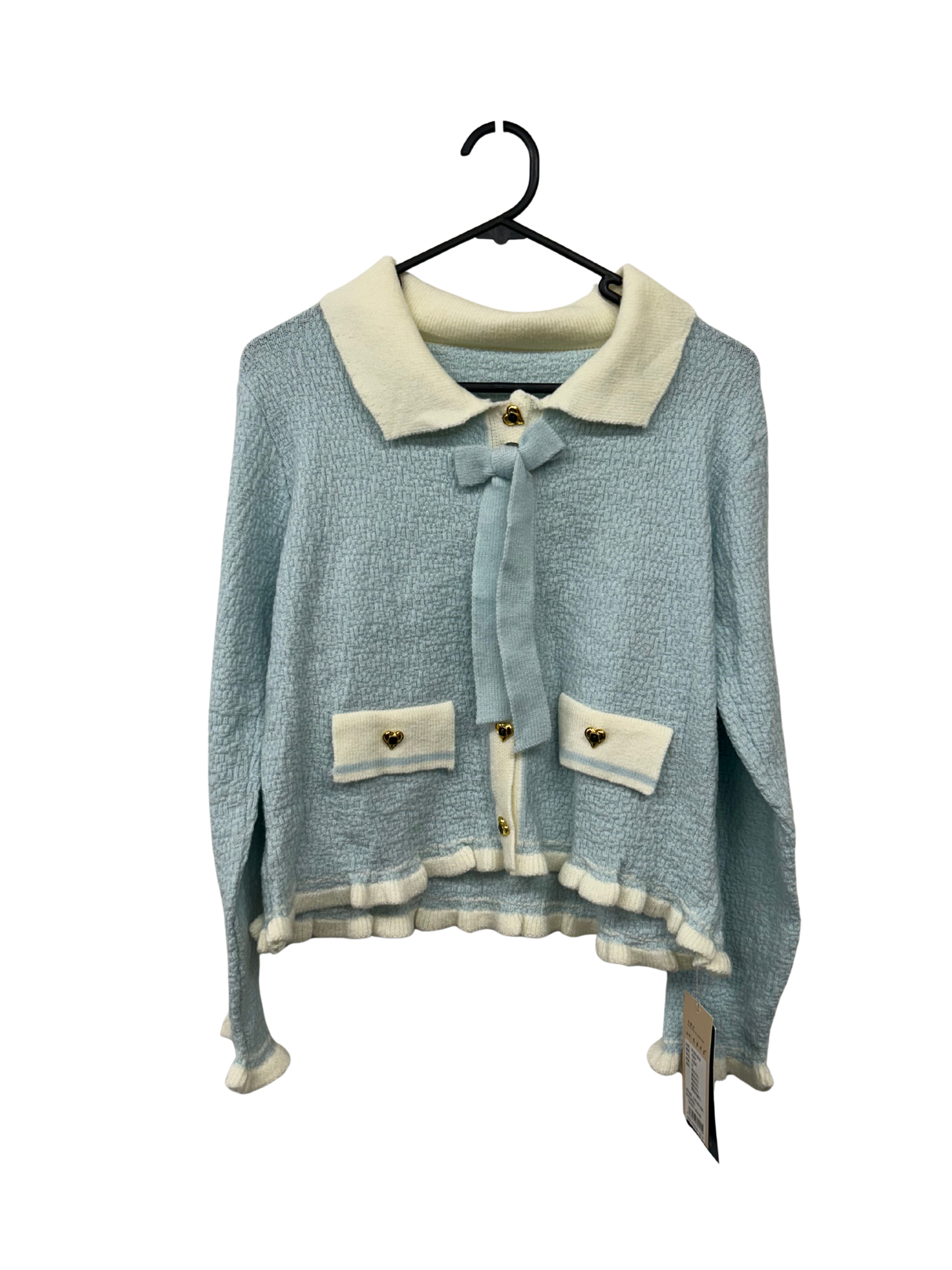 Blue & White Long Sleeve Knit Cardigan with Gold Buttons