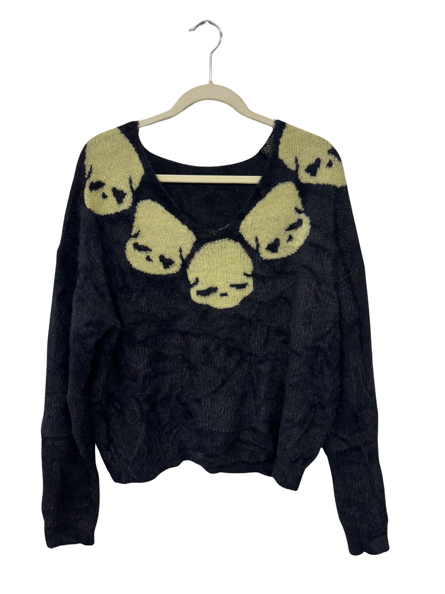 Black Fluffy Jumper with Cream Skull Print