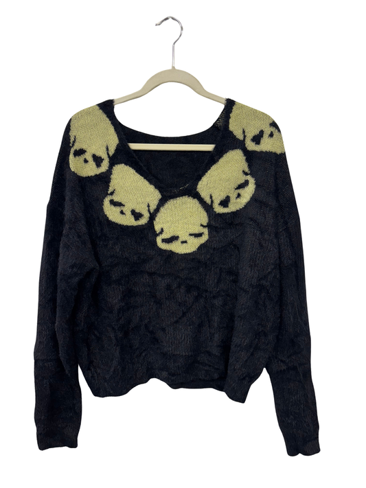 Black Fluffy Jumper with Cream Skull Print