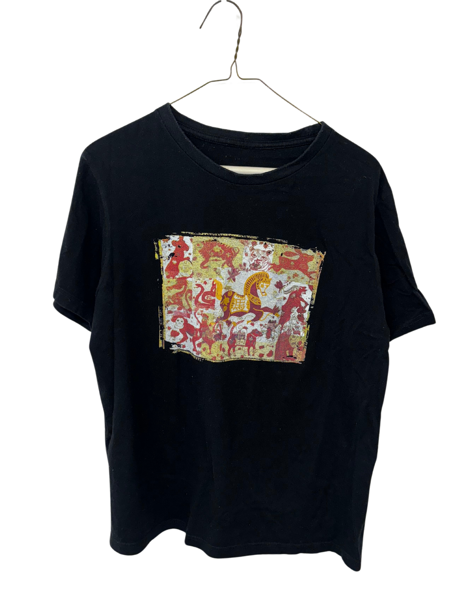 Black Short Sleeve T Shirt with Yellow & Red Chinese Zodiac Print Graphic