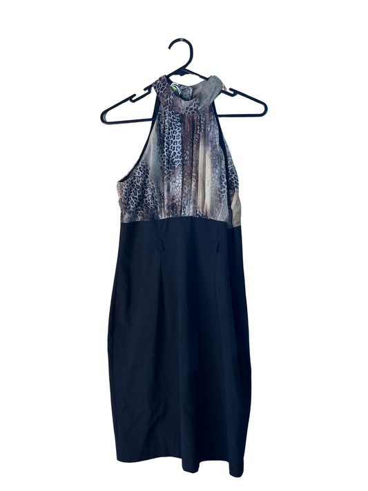 00s Brown Animal Print & Black Halter Short Dress