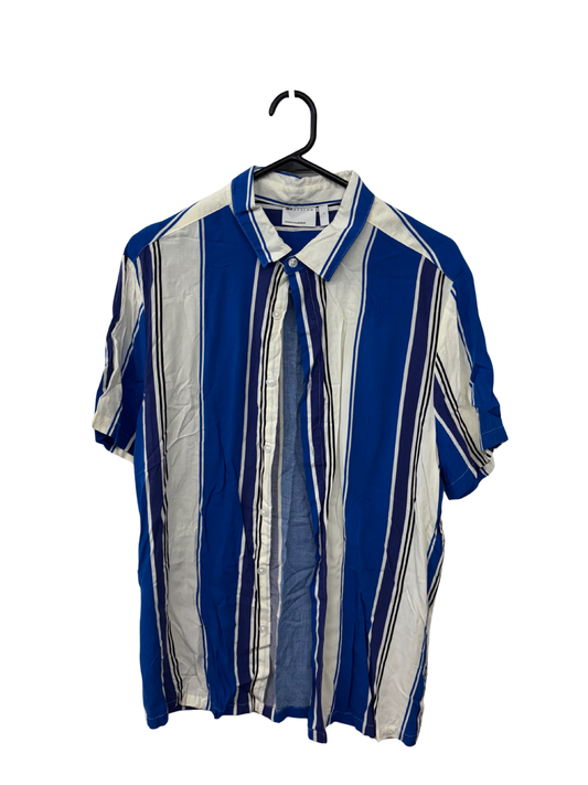 Blue, White, Purple Stripe Short Sleeve Button Up Shirt