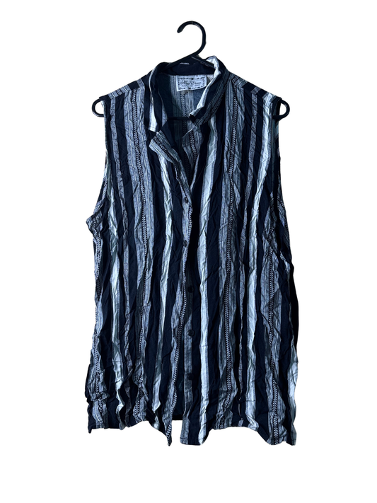 Vintage Dark Blue & White Stripe Sleeveless Button Up Shirt