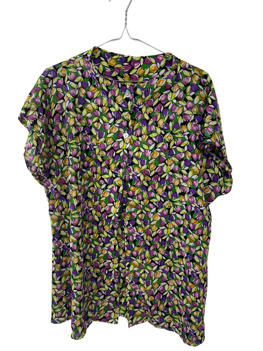Vintage Purple, Green Floral Print Short Sleeve Button Up Shirt
