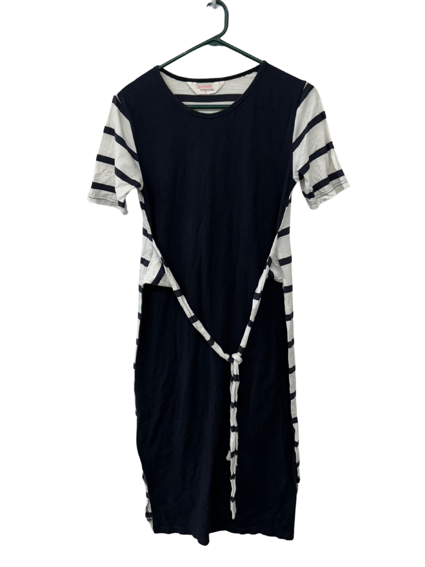 Dark Blue & White Stripe Panel Midi T Shirt Dress with Waist Tie