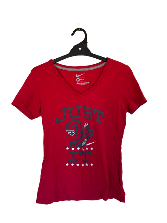 Red Short Sleeve V Neck Slim Fit Top with Grey Logo