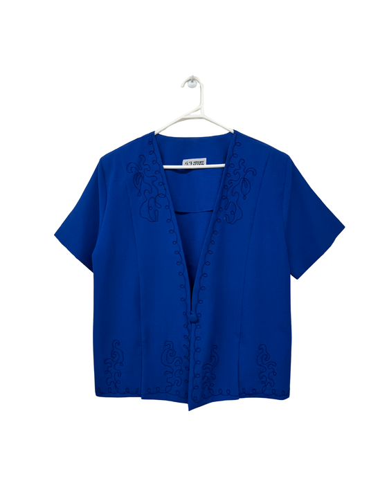 Vintage Blue Half Sleeve Jacket/Blouse with Embroidered Flowers