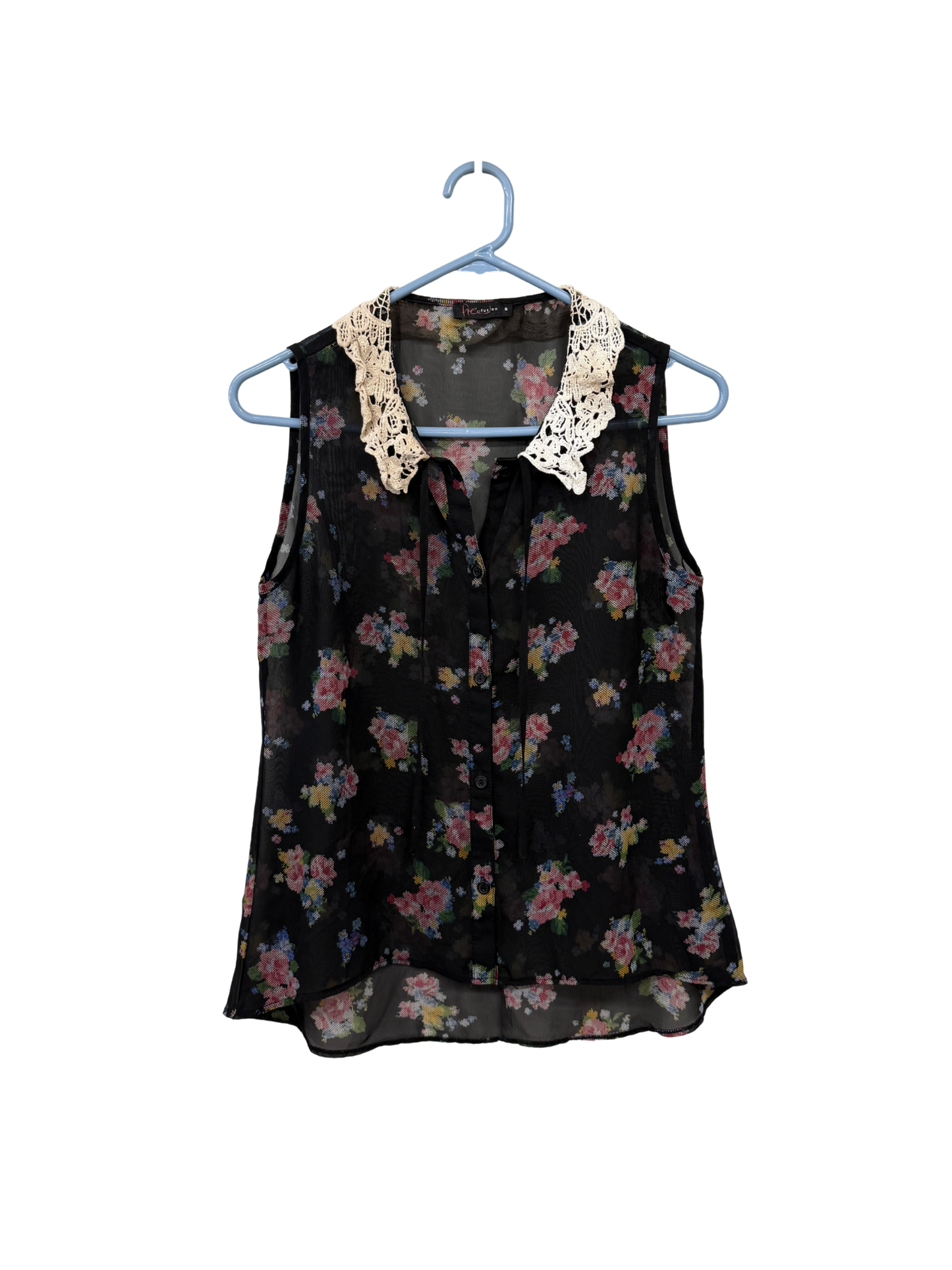 Black & Multicolour Floral Sheer Tank with Crochet Collar