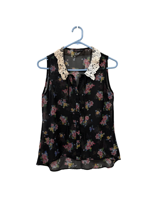 Black & Multicolour Floral Sheer Tank with Crochet Collar