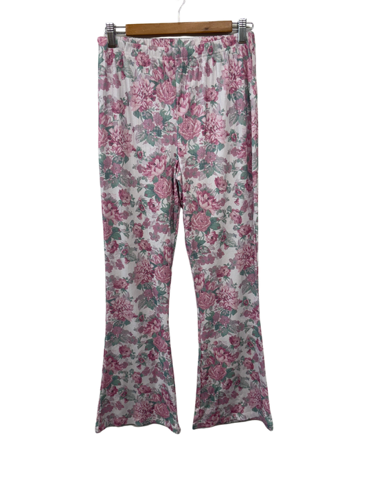 White, Pink, Green Floral Print Highwaisted Rib Flares