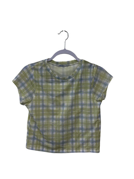Blue, Green, White Check Mesh Short Sleeve Crop Top