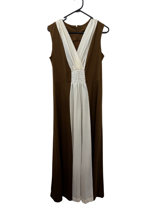 Vintage Brown & Cream Sleeveless Long Dress with Diamantes