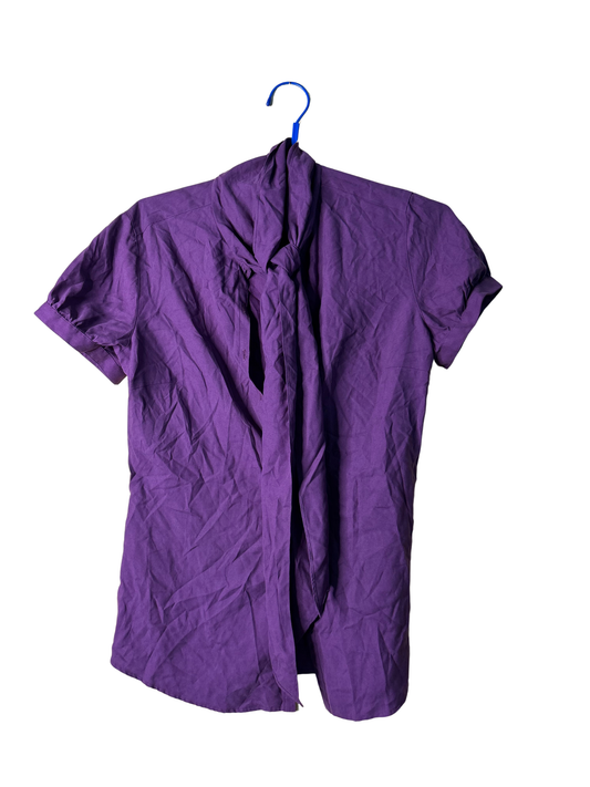 Vintage Purple Short Sleeve Button Up Shirt with Neck Tie