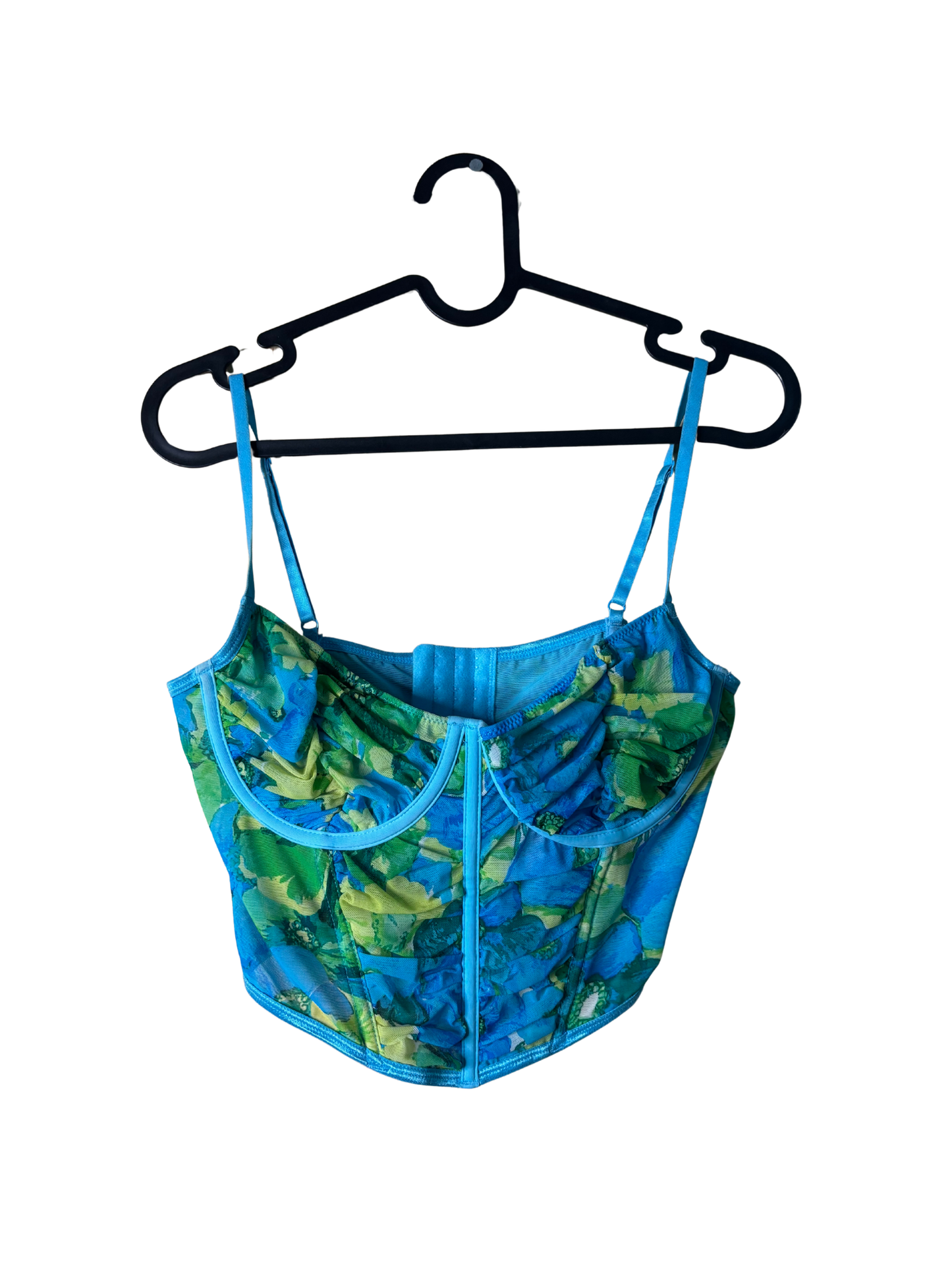 Blue & Green Watercolour Print Mesh Strappy Crop Corset Top