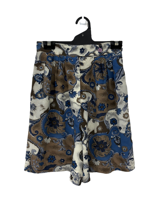 White, Brown & Blue Floral Print Highwaisted Shorts