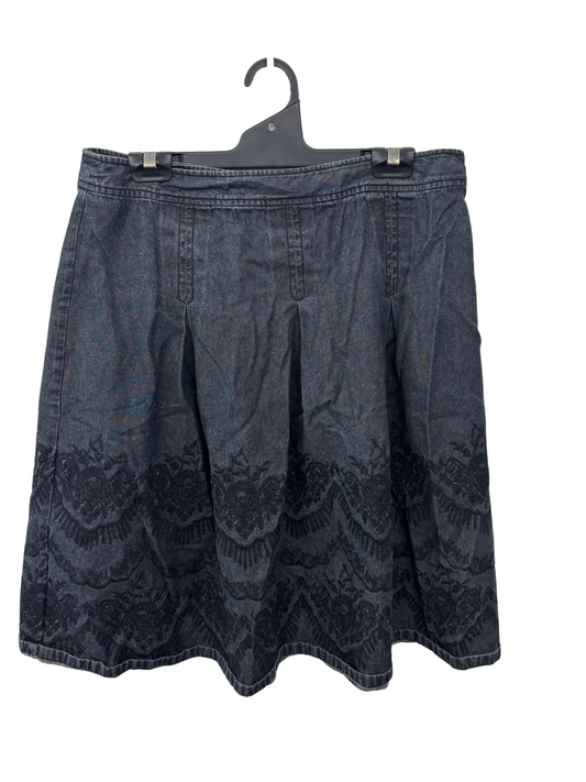 00s Black Washed Denim Knee Length Pleated Skirt with Embroidered Detail