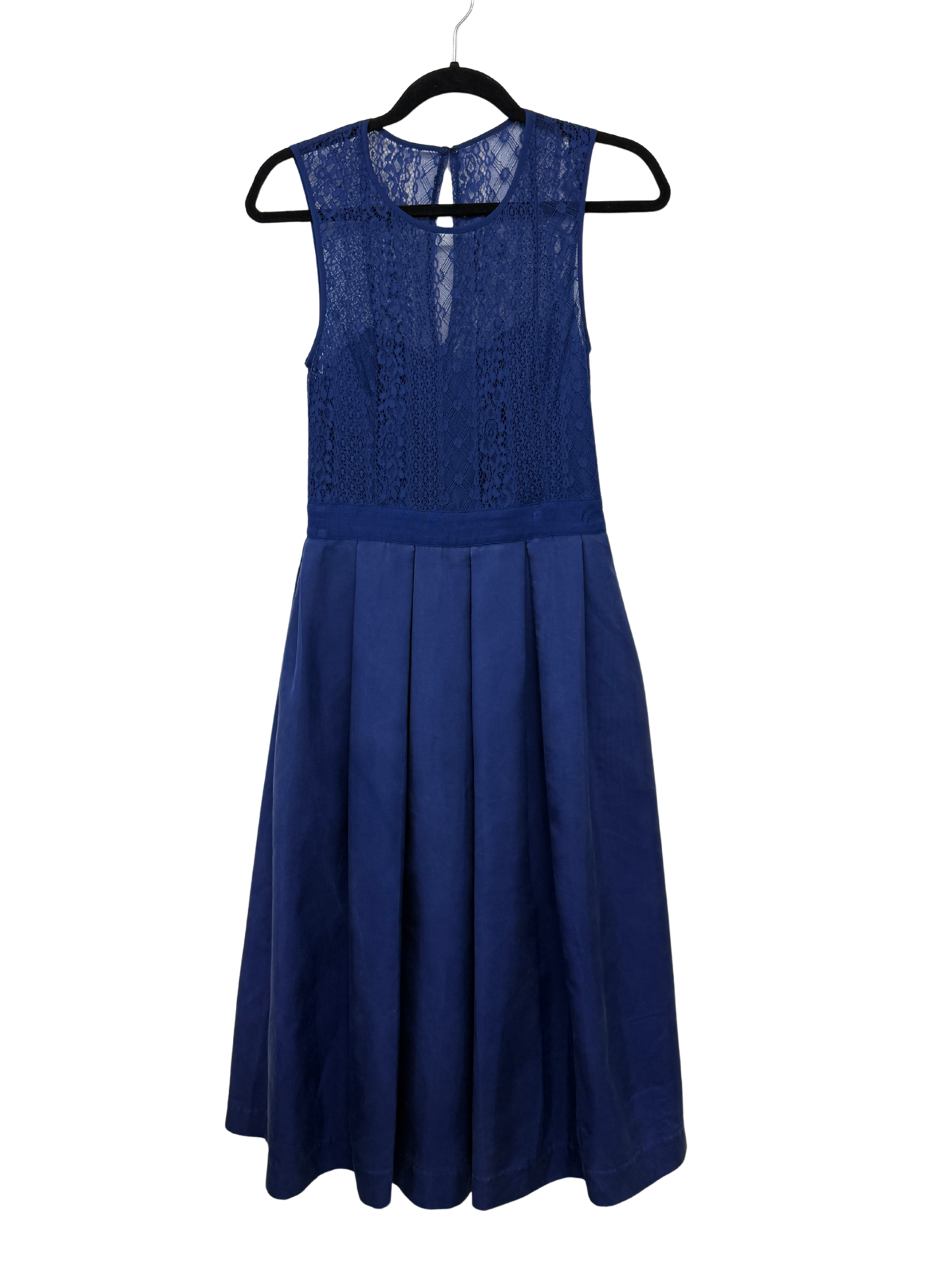 Navy Sleeveless Lace Pleated Midi Dress