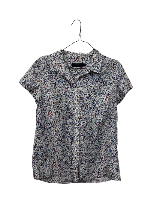 White, Blue & Red Liberty Print Cap Sleeve Button Up Shirt