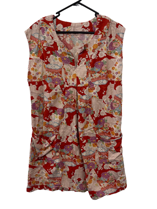 Red, Cream & Multicolour Floral Japanese Print Sleeveless Dress with Pockets