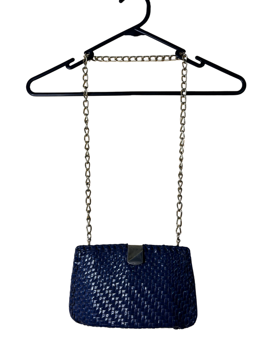 Vintage Dark Blue Basket Weave Handbag with Gold Chain