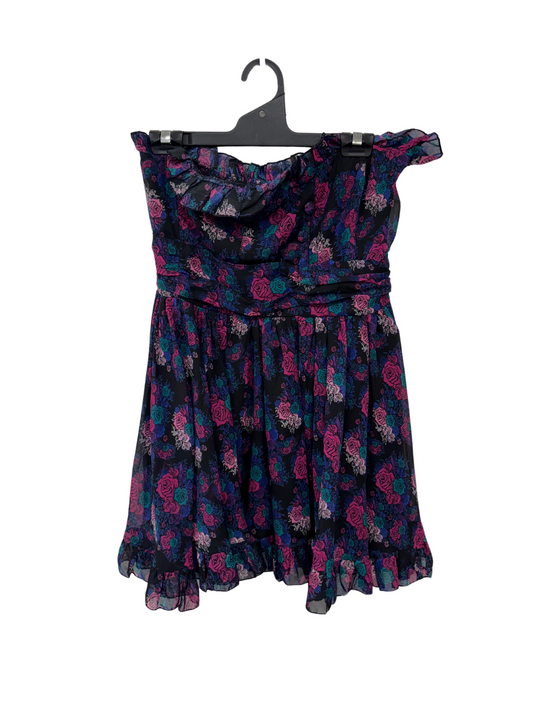 Black, Pink, Blue Rose Print Strapless Ruffle Dress