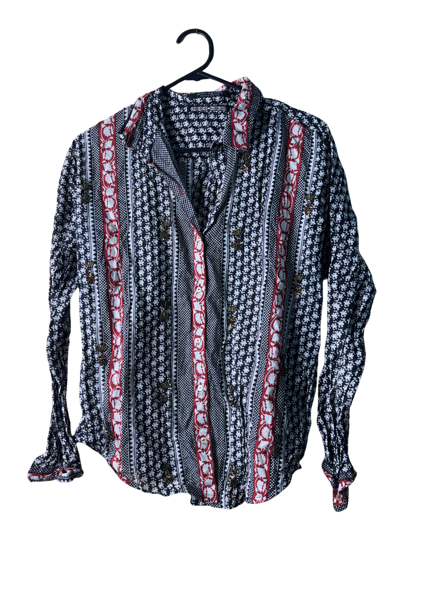 Black, White, Red Pattern Long Sleeve Button Up Shirt with Beading