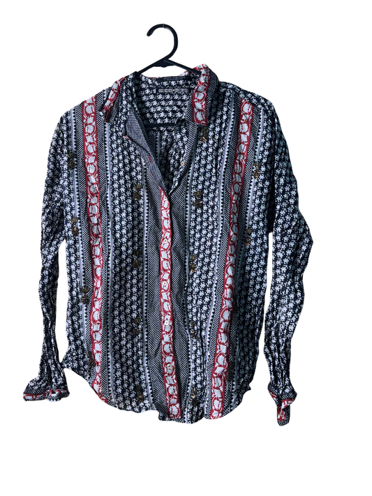 Black, White, Red Pattern Long Sleeve Button Up Shirt with Beading