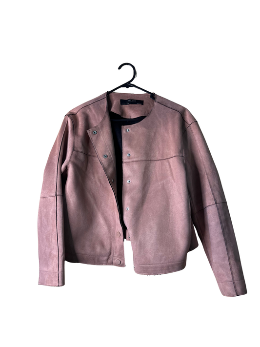 Dusty Pink Raw Hem Collarless Faux Suede Jacket