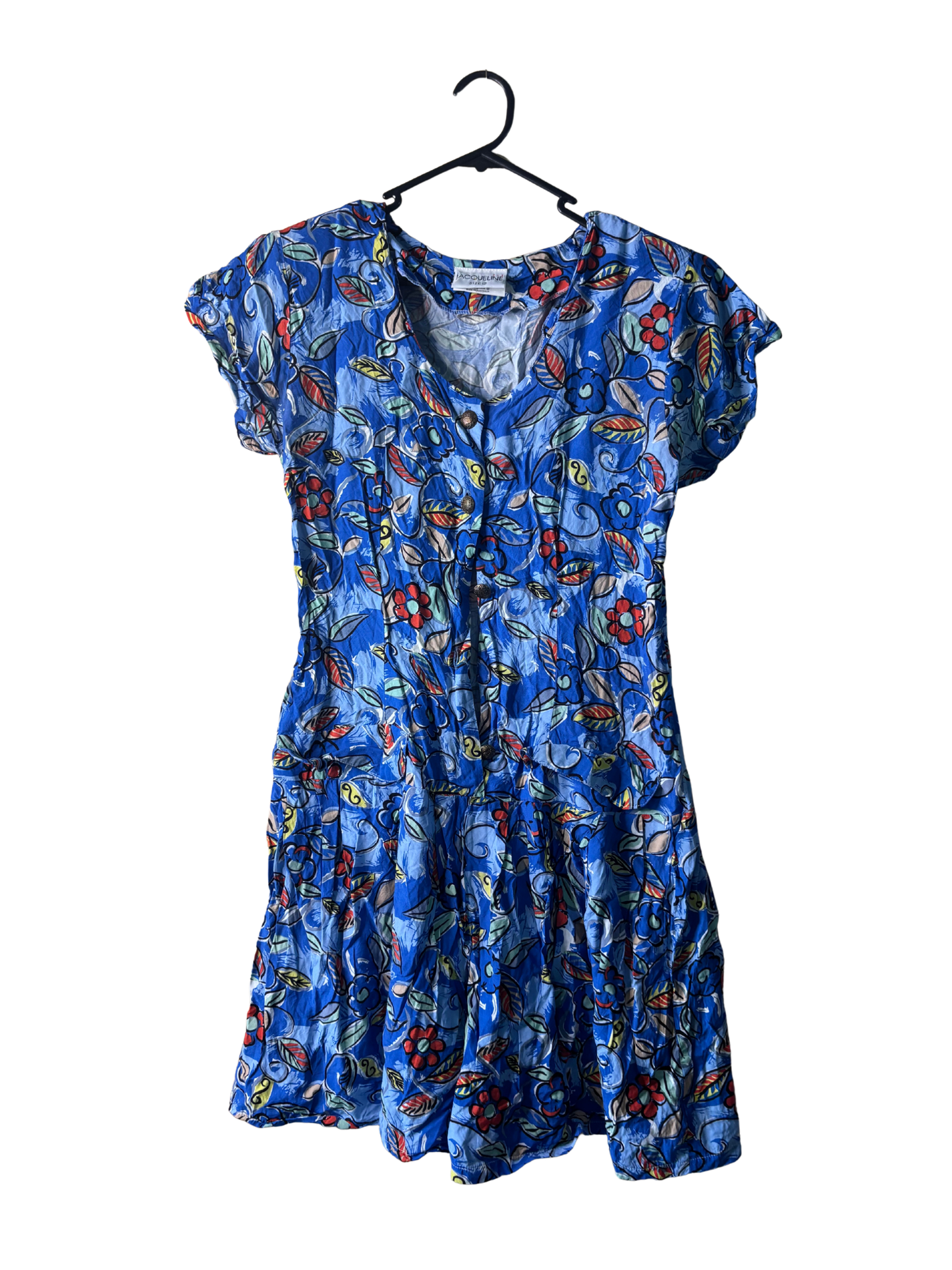 Vintage Blue, Black Leaf Print Short Sleeve Button Up Playsuit