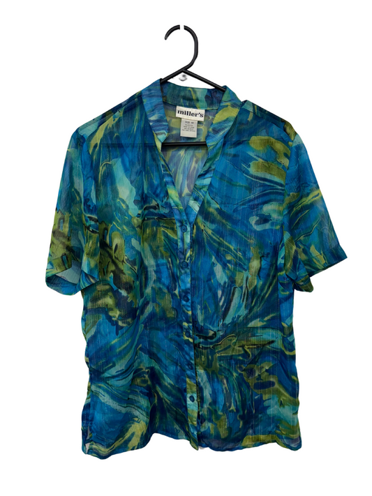 Blue, Green Sheer Print Short Sleeve Collarless Top