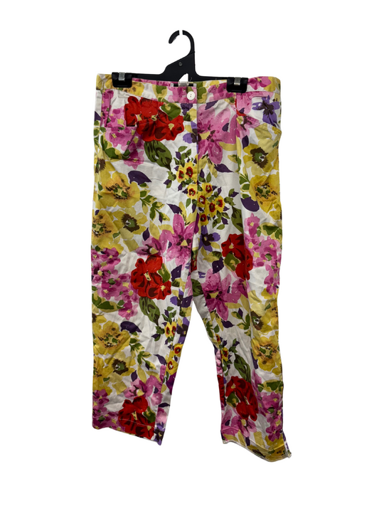 Vintage White, Yellow, Purple Floral Painted Print Highwaisted Tapered Pants