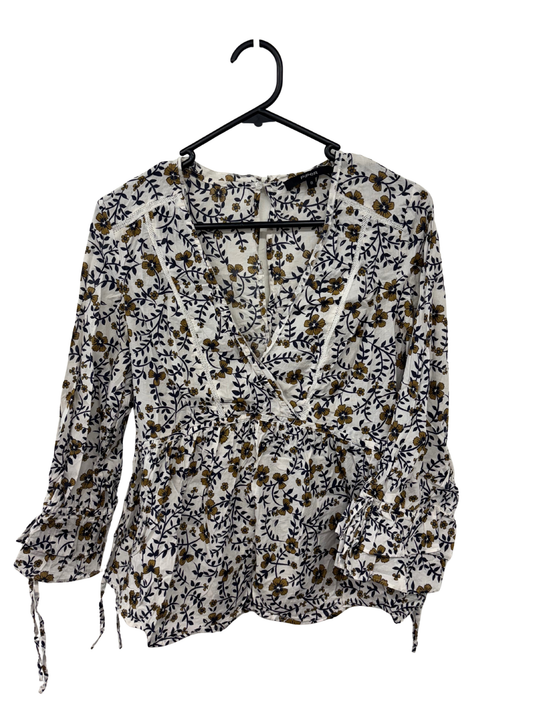 White, Blue, Yellow Long Sleeve Peasant Style Floral Blouse