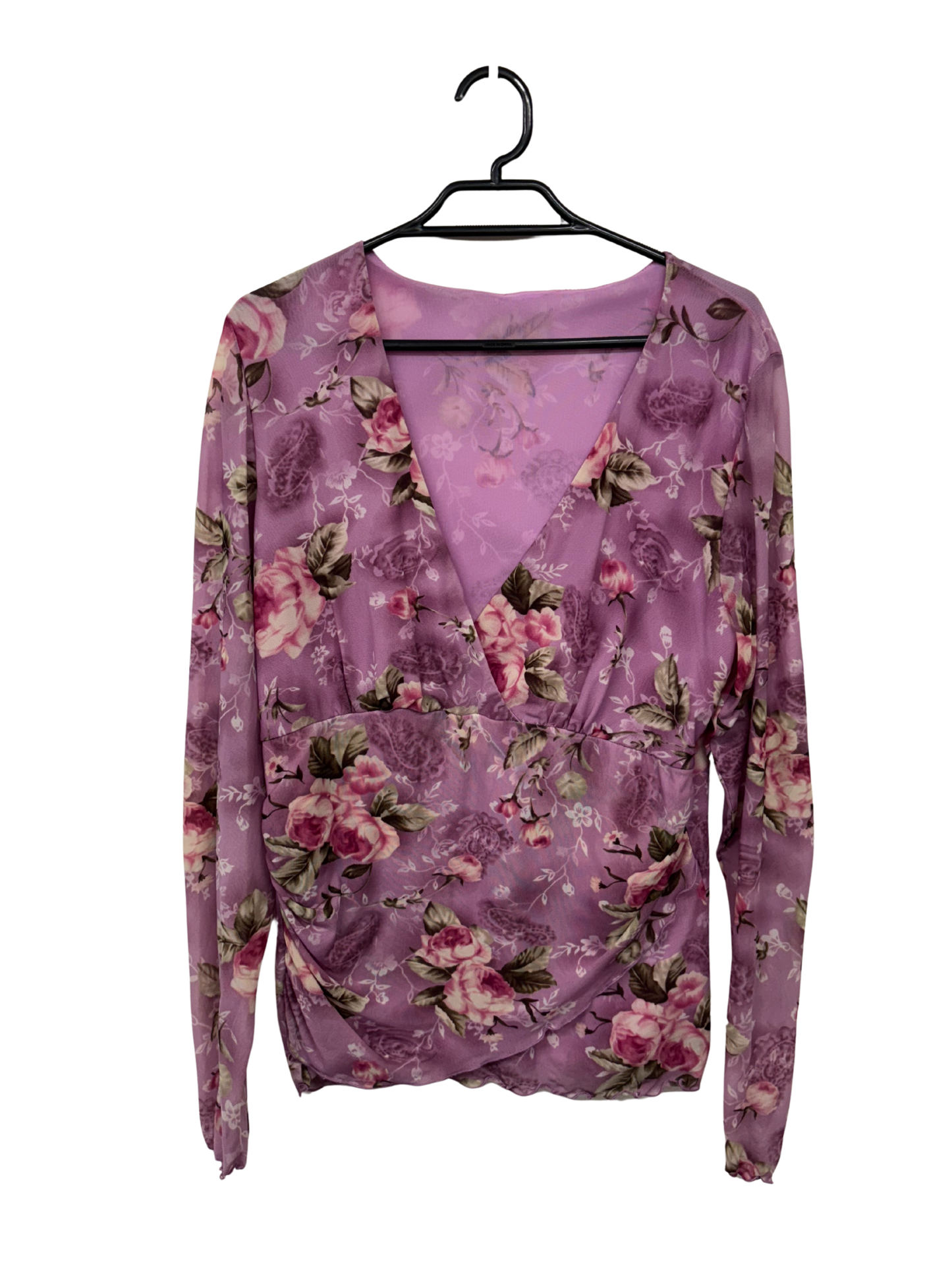 00s Purple, Pink & Green Floral Print Mesh Long Sleeve Top