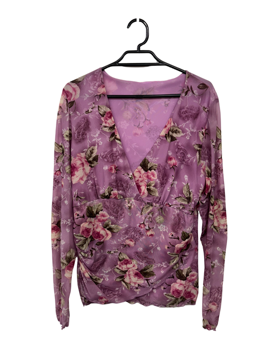 00s Purple, Pink & Green Floral Print Mesh Long Sleeve Top
