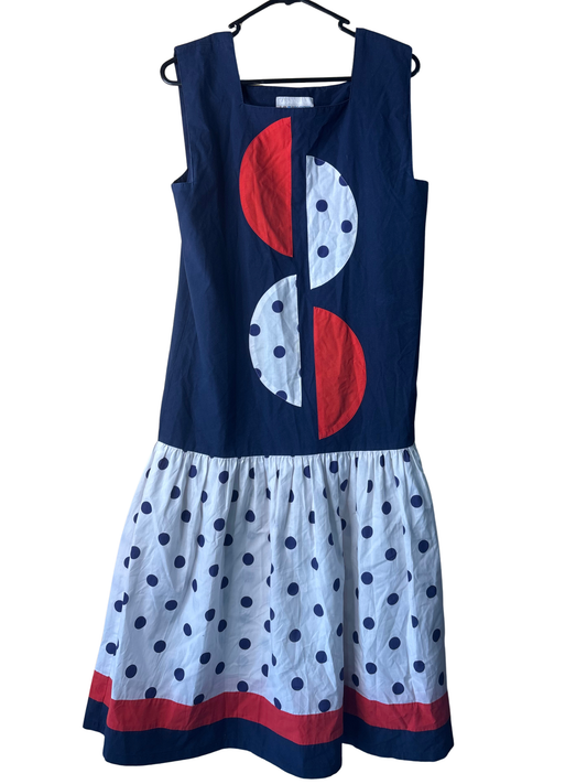 Vintage Dark Blue, White, Red Dot Drop Waist Sleeveless Midi Dress