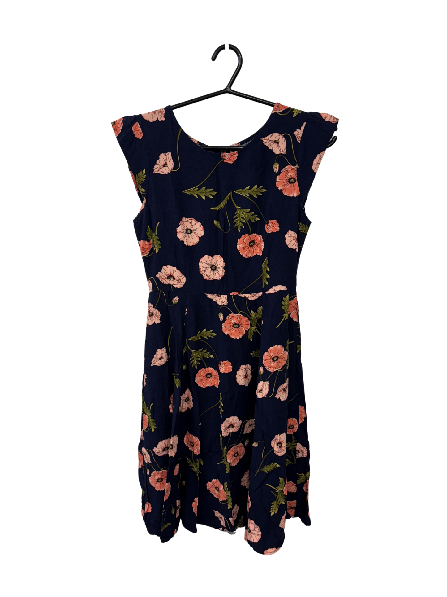 Dark Blue, Pink & Green Floral Print Cap Sleeve Knee Length Dress