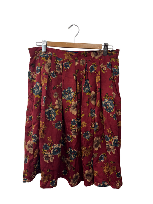 Dark Red Pleated Knee Length Skirt with Blue & Cream Rose Print