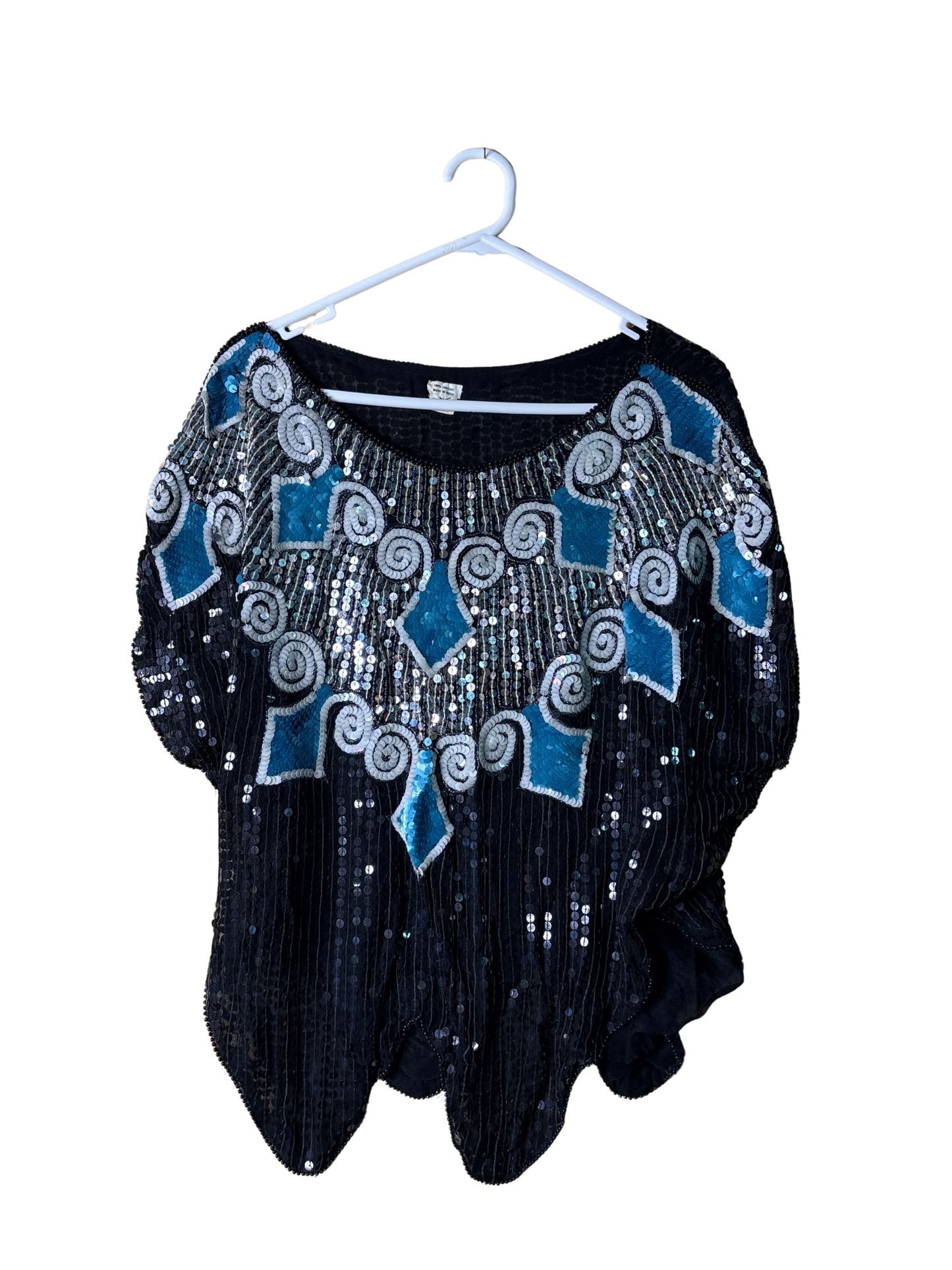 Vintage Black, White, Blue Sequin Batwing Top