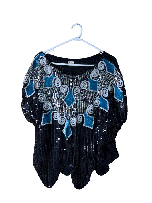 Vintage Black, White, Blue Sequin Batwing Top