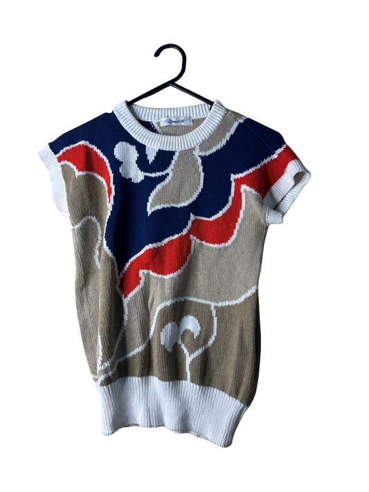 White, Beige, Red, Blue Short Sleeve Knit Top