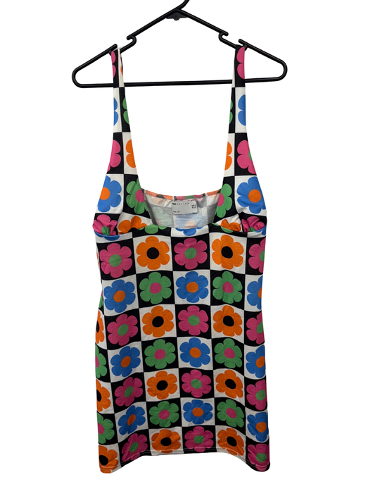 White, Black & Multicolour Block Floral Print Strappy Long Top/Short Dress