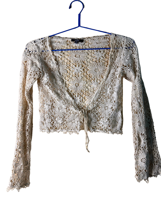 Cream/Light Yellow Floral Lace Long Sleeve Crop Tie Top