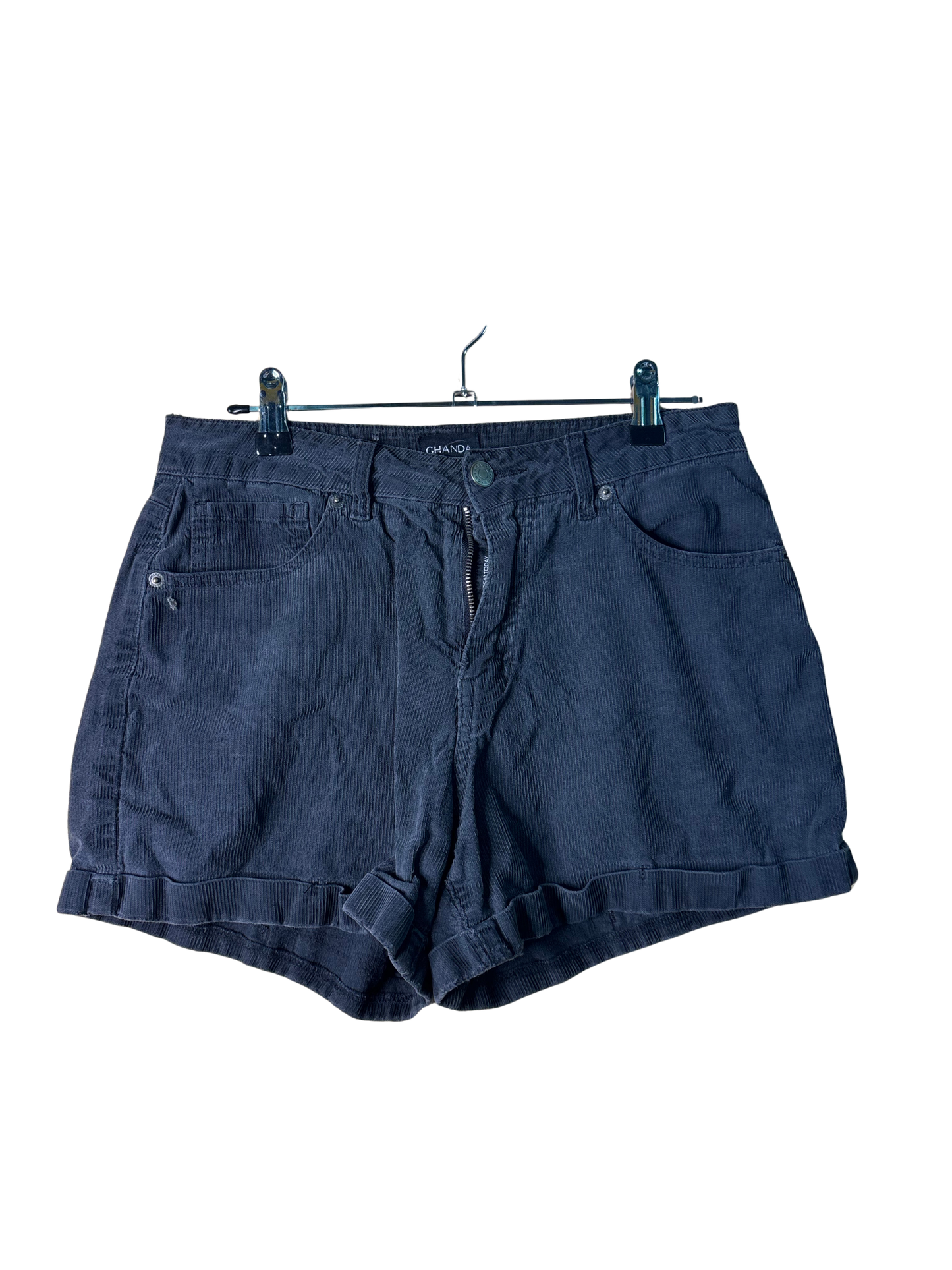 Dark Grey Corduroy Highwaisted Roll Hem Shorts