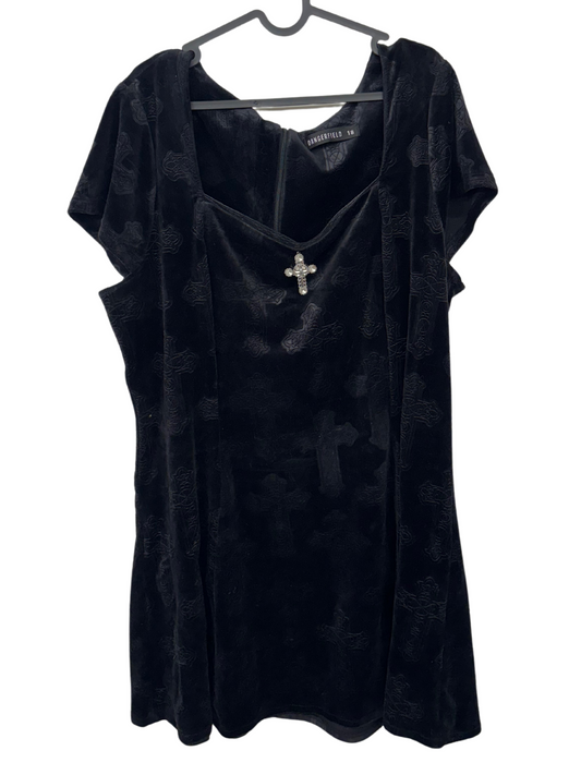 Black Velvet Short Sleeve Dress with Cross Print and Pendant