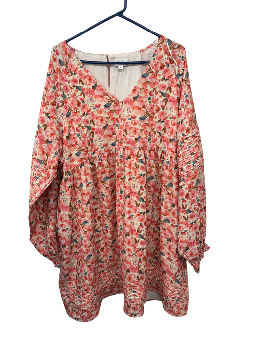 Cream & Pink Long Sleeve V Neck Short Dress
