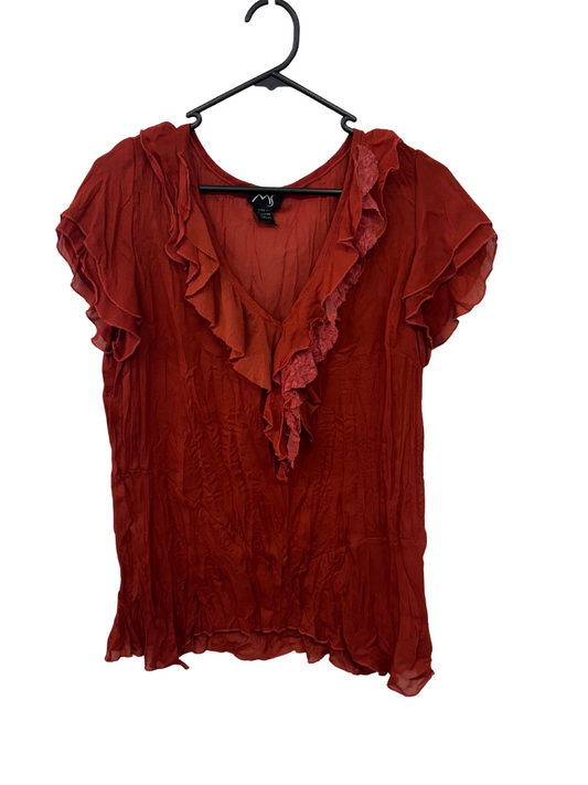 00s Dark Orange Ruffle V Neck Mesh Top