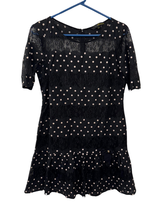 Black & White Polka Dot with Lace Short Sleeve Short Dress